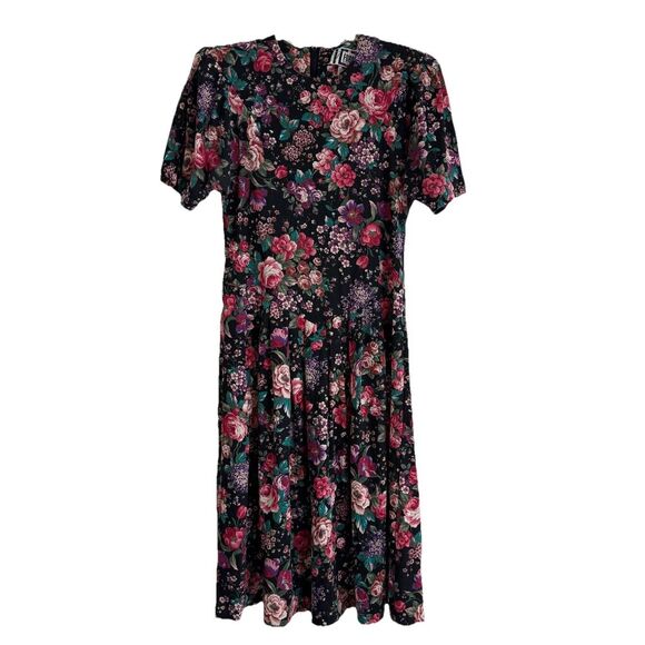 Vintage Forenza Floral Dress Large Puff Sleeve Drop Waist 80s Midi Made USA - Picture 5 of 9